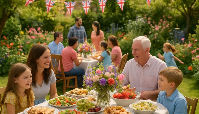 Celebrating Milestones Safely and Cheaply: UK Tips | DCL Families at vibrant British garden party with floral centerpieces and catering platters for milestone celebrations.
