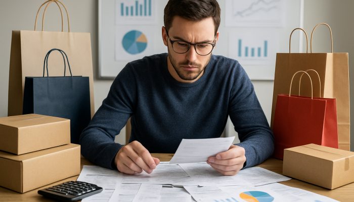 Person reviewing bank statements and receipts amid shopping bags and spending charts for budget analysis