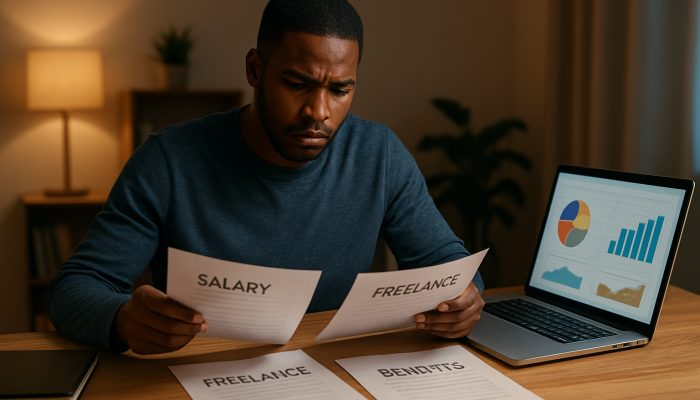 Focused person reviewing salary, freelance payslips and budget charts on laptop in home office