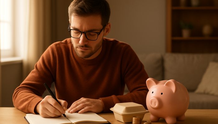 Young adult noting weekly savings goals with piggy bank and takeaway in cozy UK flat
