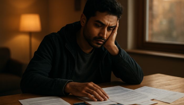 Pensive gig worker reviewing credit card bills and loans on wooden table in evening light.