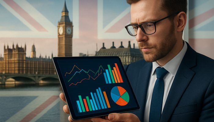 Using Charts or Apps to Show Balances Falling | DCL British analyst reviews colorful finance charts on tablet with London skyline and Union Jack motifs