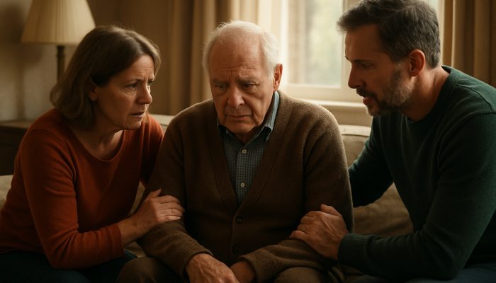 Concerned relatives converse supportively with a loved one in a sunlit British living room.