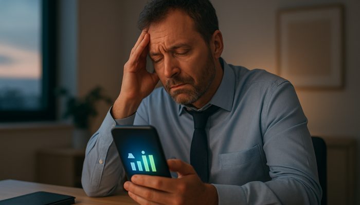 British office worker tracking fatigue with NHS app showing rising energy bars in calm workspace
