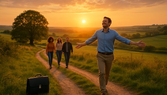 Friends strolling sunset path in UK countryside, abandoned briefcase symbolizing burnout relief and work-life balance.