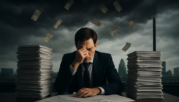 When to Seek Advice on Business Liabilities: UK Essentials | DCL Worried UK entrepreneur buried under contracts and falling pound notes in sleek London office
