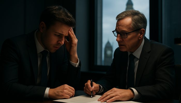 When to Seek Advice on Business Liabilities: UK Essentials | DCL Worried UK entrepreneur reviews business liability contracts with solicitor in sleek London office near Big Ben.