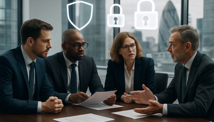 When to Seek Advice on Business Liabilities: UK Essentials | DCL Business executives consult UK legal experts in modern London office with floating compliance shield icons.