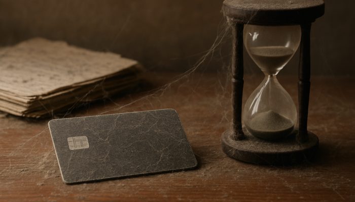 Keeping Cards Open but Not Using Them: Credit Tips | DCL Dusty dormant British credit card on desk with hourglass and fading bank statements, symbolizing account closure risks