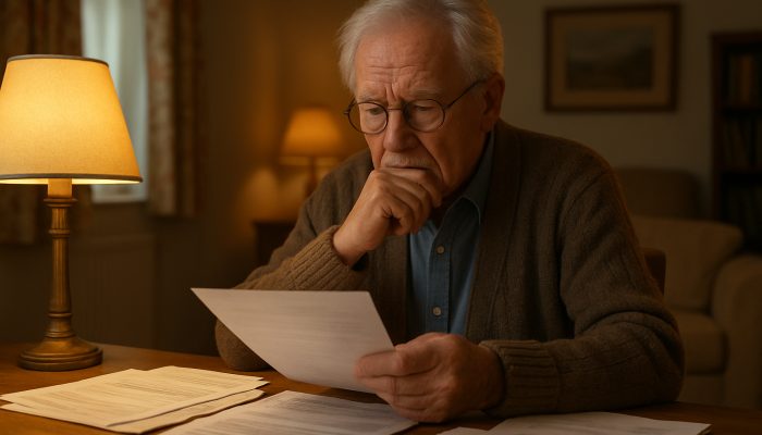 Elderly retiree reviewing state and private pension statements at wooden table in cozy British home