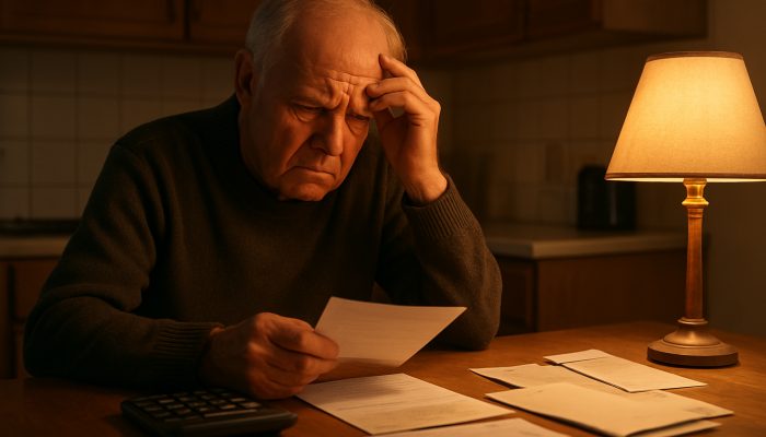 Elderly retiree worried over pension check, calculator, and scattered loan bills at kitchen table