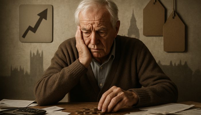 Elderly retiree counting coins amid rising bills and UK Parliament silhouette, showing inflation's impact on pensions.