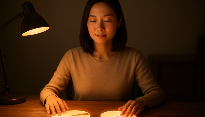 Calm person reviewing glowing income and expense pie charts at wooden desk under warm light.