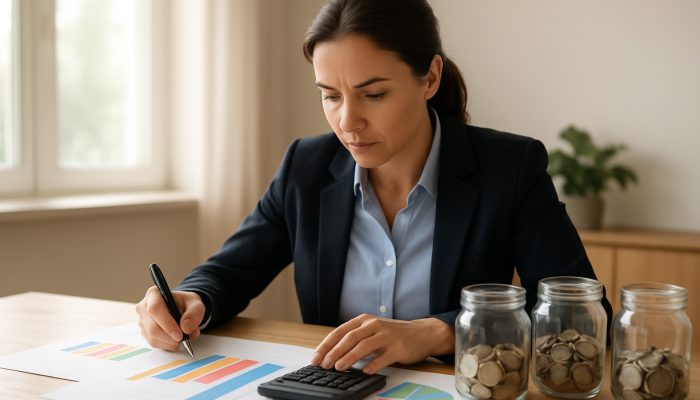 Professional reviewing colorful financial charts and savings jars at sunlit desk with calculator