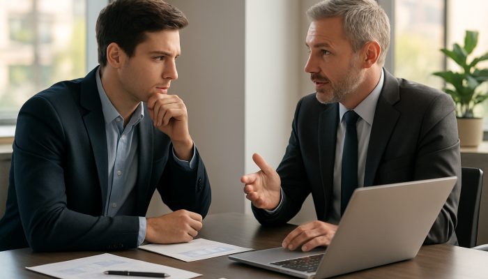 Businessperson consulting banker about financial plans at desk in sunlit modern office