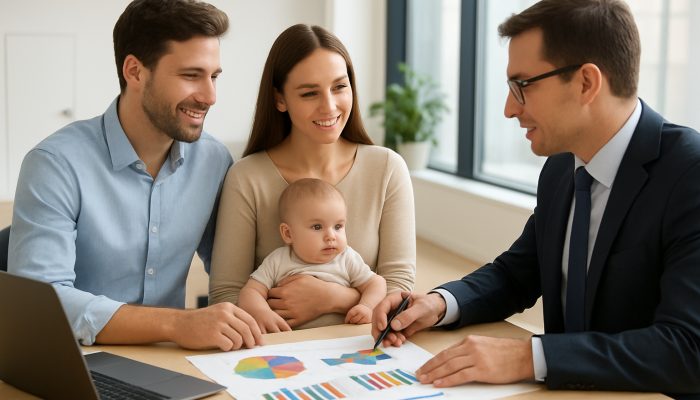 Young family with baby reviews savings charts with banker in modern office.