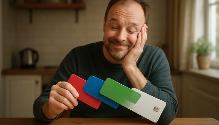 Relieved British shopper watches colorful store cards merge into one at cozy kitchen table