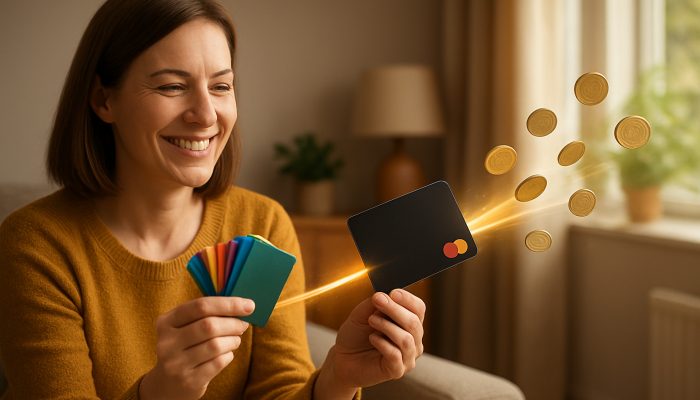 Smiling British shopper merges colorful store cards into one sleek low-interest card with flowing coins in cozy UK living room.