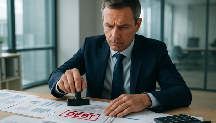 UK executive stamping priority debts on loan papers amid financial charts in modern office