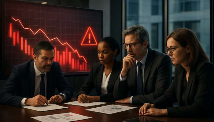 Corporate executives analyzing glowing financial charts with red insolvency warnings in a modern boardroom