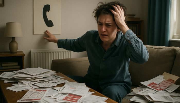 Specialist Help for Gambling Related Borrowing | DCL Stressed person in cluttered UK flat reaching for gambling helpline poster amid unpaid bills and betting slips.