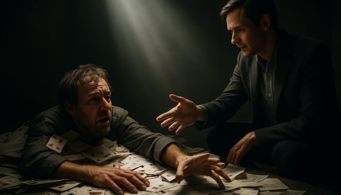 Specialist Help for Gambling Related Borrowing | DCL Desperate gambler buried in cards and loans reaches for counselor?s helping hand in shadowy room