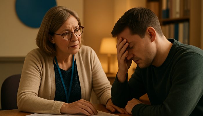 Specialist Help for Gambling Related Borrowing | DCL Advisor assisting distressed client with gambling debt in cozy UK Citizens Advice office