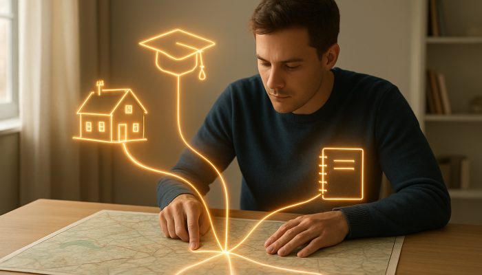 Focused individual in UK study mapping borrowing goals with glowing paths to cottage, graduation cap, and debt-free ledger.