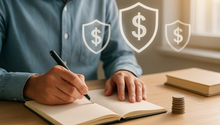 Person writing borrowing rules in notebook at sunlit desk with shielded money icons