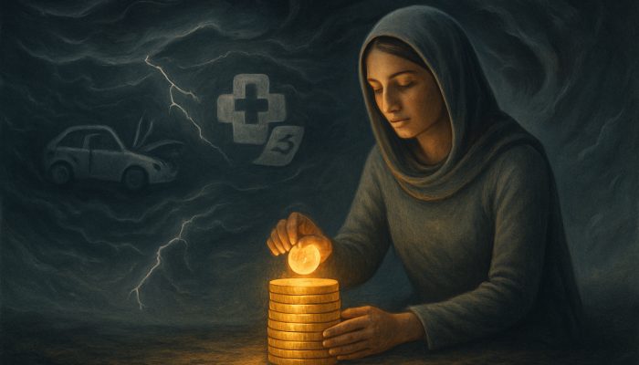 Serene figure builds glowing coin emergency fund cushion, shielding against storms of repairs, bills, and job loss.