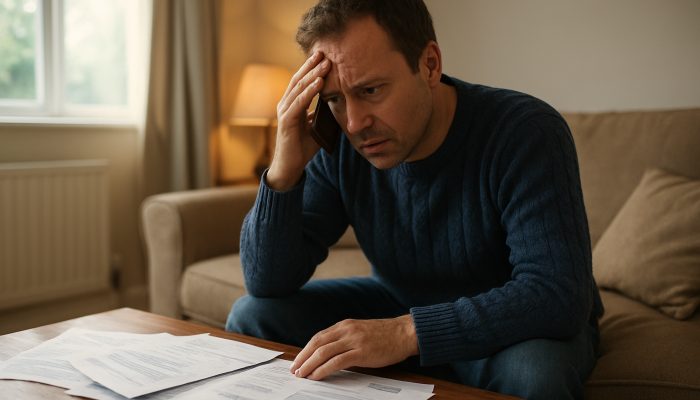 Stressed British homeowner urgently calls mortgage lender amid scattered papers in cozy living room.