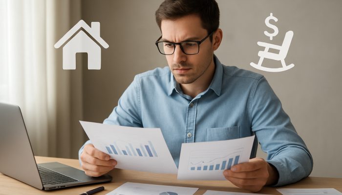 Focused person reviews savings statements and investment charts with house and pension icons at desk