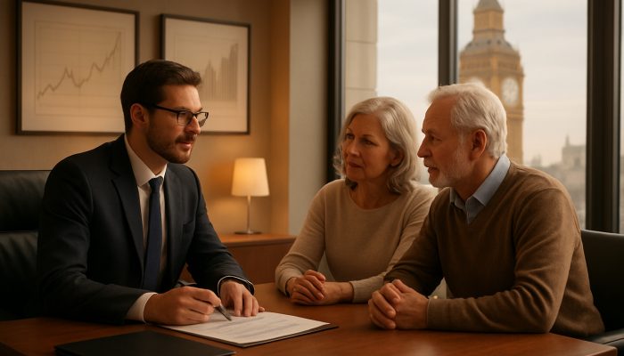 UK financial advisor reviewing retirement portfolios with couple in London office overlooking Big Ben