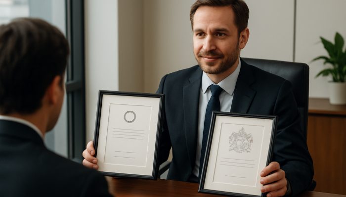 UK financial adviser displaying FCA credentials and Chartered Planner certificate to client in modern office