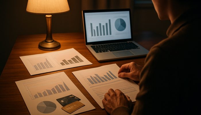 Balancing Deposit Saving and Debt Payoff: Practical Tips | DCL Person reviewing income charts, bills, and loans at cozy UK home desk with laptop graphs.