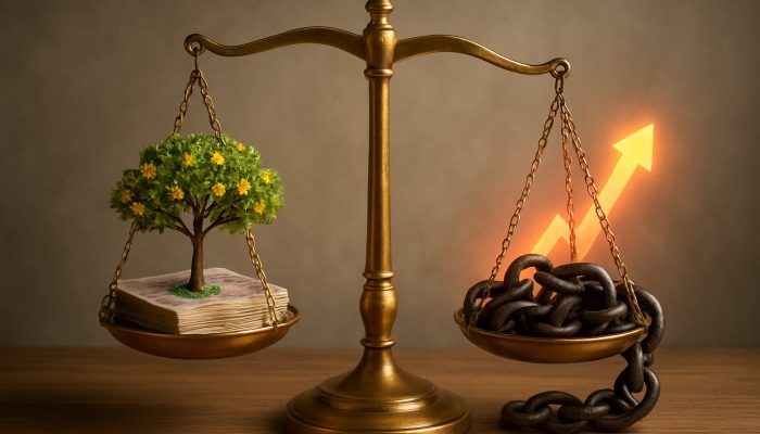 Balancing Deposit Saving and Debt Payoff: Practical Tips | DCL Golden balance scale weighing savings trees vs debt chains with UK banknotes and interest arrows.