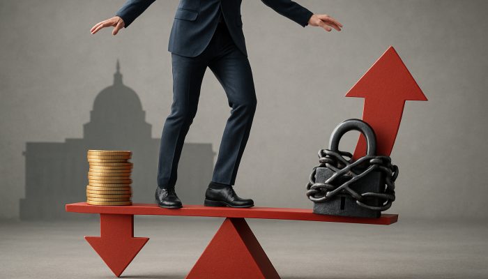 Balancing Deposit Saving and Debt Payoff: Practical Tips | DCL Person balancing savings coins against mortgage chains on seesaw of rising interest rates by Bank of England