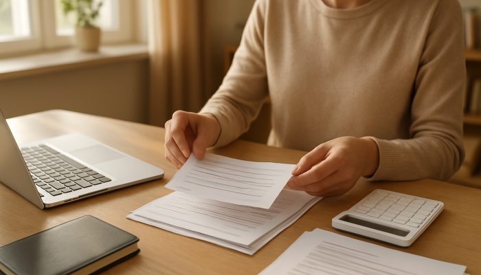 Person organizing payslips and financial documents on sunlit home office desk with laptop for credit union prep.