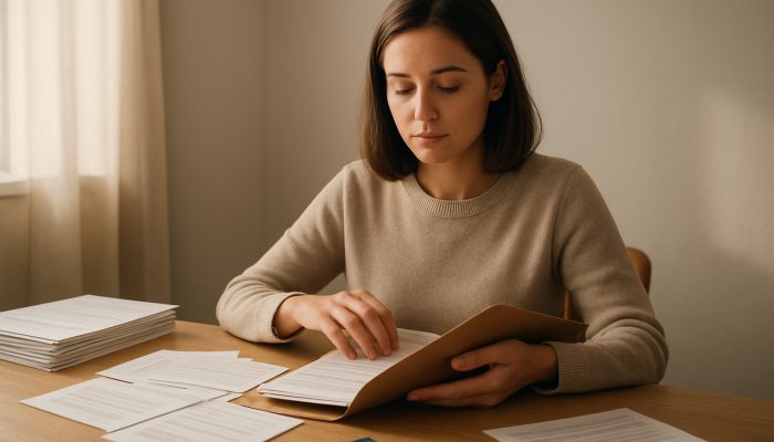 Turning Overdraft and Cards Into One Balance: Save Money Now | DCL Person at desk merging credit card statements and overdraft notices into one folder for debt consolidation.