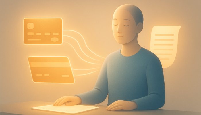 Turning Overdraft and Cards Into One Balance: Save Money Now | DCL Serene figure merging glowing credit cards and overdraft statements into one streamlined account illustration