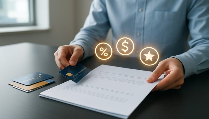 Turning Overdraft and Cards Into One Balance: Save Money Now | DCL Person consolidating credit cards and bills into one loan document on modern desk with rewards icons.