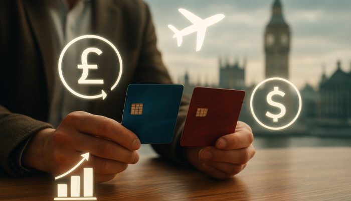 British shopper compares glossy credit cards with cashback and travel icons on table, London skyline backdrop.