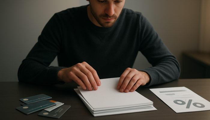 Focused person consolidating credit cards, loans, and overdrafts into one streamlined document at desk