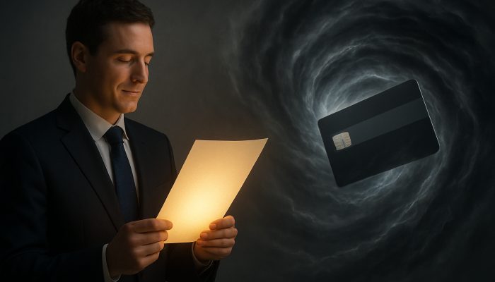 When a Loan Beats Shifting to Another Card: Smart Choices | DCL Serene borrower holds glowing 3-7% fixed loan document beside chaotic credit card in stormy 20% APR vortex.
