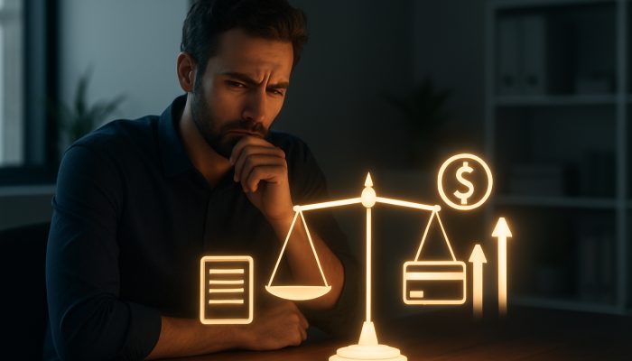 When a Loan Beats Shifting to Another Card: Smart Choices | DCL Person weighing loan document against credit card on glowing scales in modern office with savings icons.