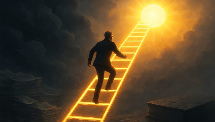 When a Loan Beats Shifting to Another Card: Smart Choices | DCL Person climbing glowing ladder of paid bills toward radiant credit score, leaving debt clouds behind.