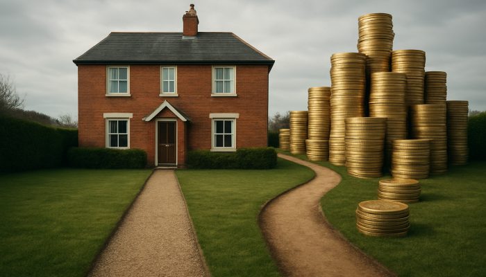 British terraced house split by short ownership path versus long winding road piled with interest coins for mortgages