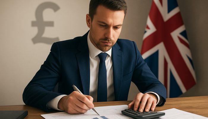 UK professional reviews loan papers and interest charts while calculating debt with calculator on wooden desk