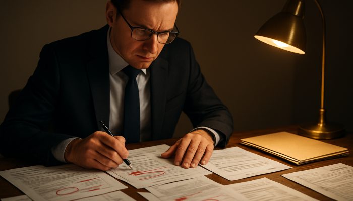 How to Tidy One off Event Overspends: Proven Strategies | DCL Auditor reviewing scattered event invoices and receipts, highlighting discrepancies under warm lamplight