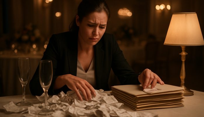 How to Tidy One off Event Overspends: Proven Strategies | DCL Event planner sorting receipts into budget folders on messy party table after overspend